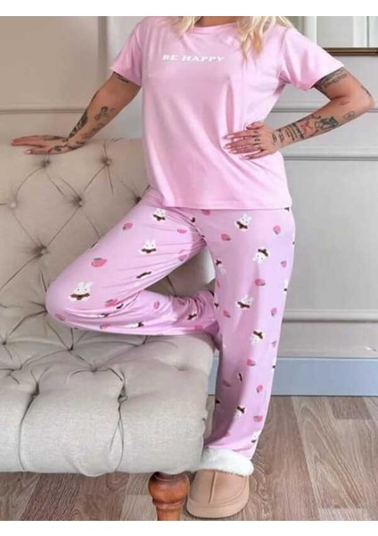 Pembe Tavsan Desenli Milan Kumaş Pijama Takımı