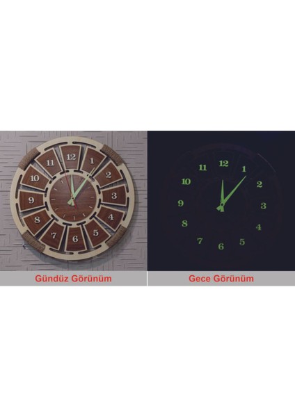 Fosforlu Ahşap Analog Duvar Saati Akça Renk (Gece Parlayan)