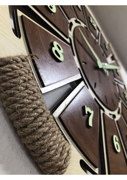 Fosforlu Ahşap Analog Duvar Saati Akça Renk (Gece Parlayan)