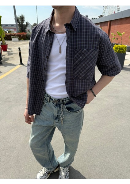 Ön Cep Detay Kısa Kollu Ekose Oversize Gömlek - Mavi