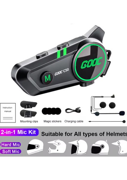 C50 2x Motosiklet Intercom Kask Kulaklık 1500 Mah Rgb Işıklı Çift Eşleşme