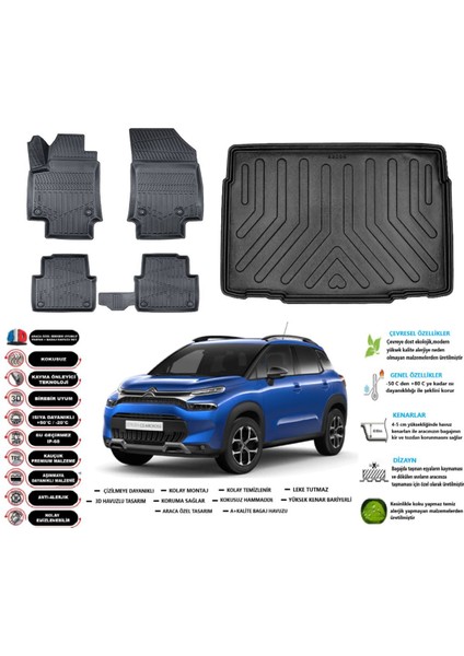 C3 Aircross 2017 Model Alt Kademe Esnek Bagaj Havuzu Araca Özel Siyah Paspas Takımı