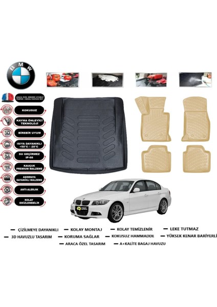 3 Serisi E90 2008 Model Bagaj Havuzu+Araca Özel Bej Paspas Takımı Flex