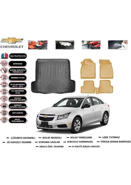 Chevrolet Cruze Sedan Çift Kulak 2011 Model Bagaj Havuzu(Paspası)+Araca Özel Bej Paspas Takımı Flex