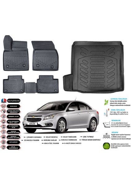 Chevrolet Cruze Sedan 2015 Model Sol Kulak Esnek Bagaj Havuzu Araca Özel Siyah Paspas Takımı
