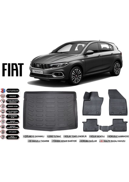 Egea Hatchback 2024 Model Stepneli Bagaj Havuzu Araca Özel Siyah Havuzlu Paspas Takımı Sett
