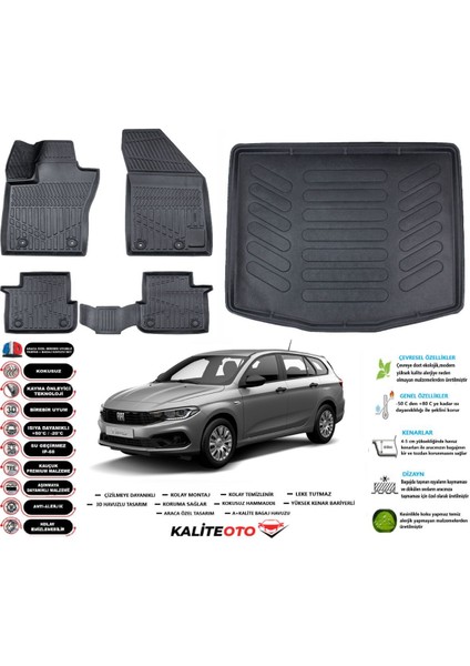 Egea Station Vagon 2024 Model Alt Esnek Bagaj Havuzu Araca Özel Siyah Paspas Takımı