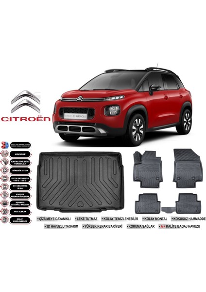 C3 Aircross 2021 Model Alt Kademe Bagaj Havuzu Araca Özel Siyah Havuzlu Paspas Takımı Sett