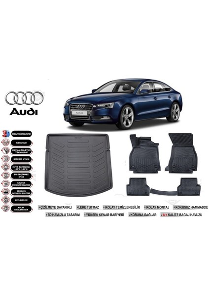 A5 2009 Model Bagaj Havuzu Araca Özel Siyah Kokusuz Havuzlu Paspas Takımı