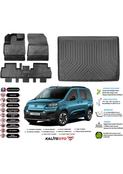 Doblo 2024 Model Esnek Bagaj Havuzu Araca Özel Siyah Paspas Seti