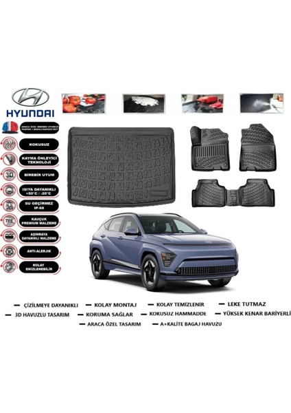 Kona Elektrikli 2024 Model Alt Bagaj Havuzu Araca Özel Paspas Takımı Prrox