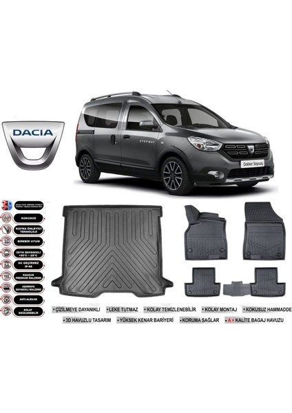 Dacıa Dokker 2024 Model Bagaj Havuzu Araca Özel Siyah Havuzlu Paspas Takımı Sett