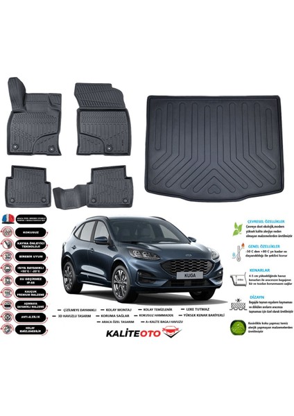 Kuga 2021 Model Esnek Bagaj Havuzu Paspası Araca Özel Siyah Kokusuz Paspas Takımı