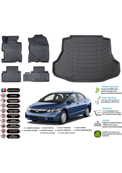 Civic 2009 Model Esnek Bagaj Havuzu Araca Özel Siyah Paspas Takımı