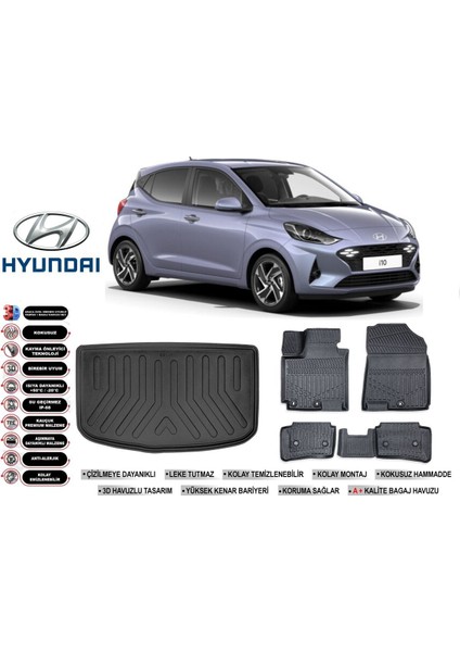 I10 2021 Model Bagaj Havuzu Araca Özel Siyah Extra Havuzlu Paspas Takımı