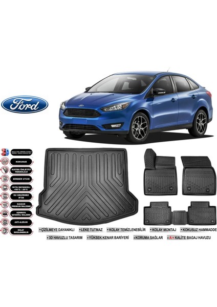 Focus 3,5 Sedan 2018 Model Bagaj Havuzu Araca Özel Siyah Havuzlu Paspas Takımı Sett