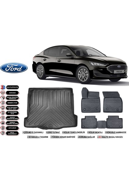 Focus 5 Sedan 2022 Model Ince Stepneli Bagaj Havuzu Araca Özel Siyah Havuzlu Paspas Takımı Sett