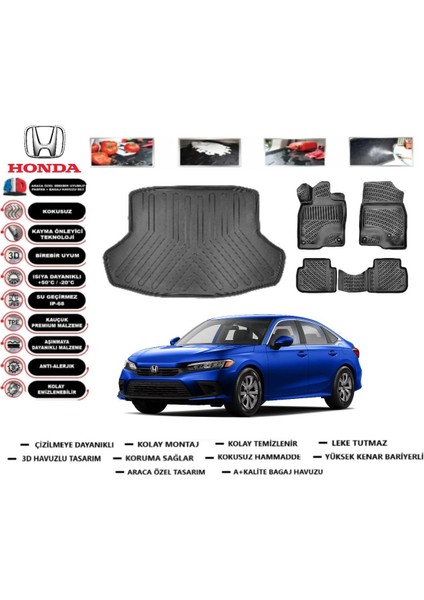 Civic Sedan 2021 Model Bagaj Havuzu Araca Özel Paspas Takımı Prrox