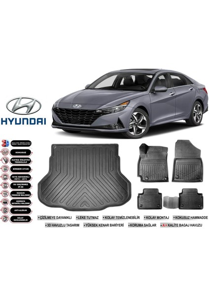 Elantra 2021 Model Bagaj Havuzu Araca Özel Siyah Havuzlu Paspas Takımı Sett