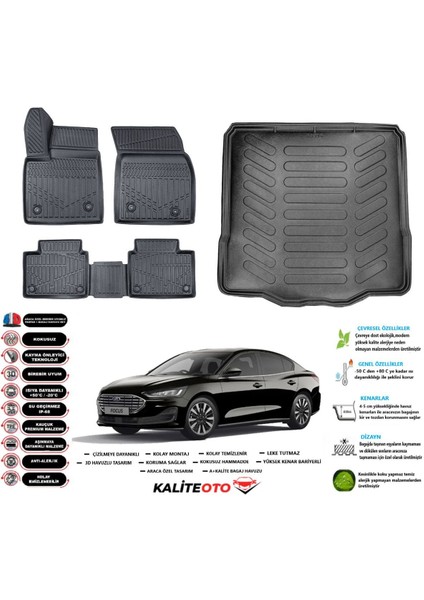 Focus 5 Sedan 2020 Model Tamir Kitli Esnek Bagaj Havuzu Araca Özel Siyah Kokusuz Paspas Takımı