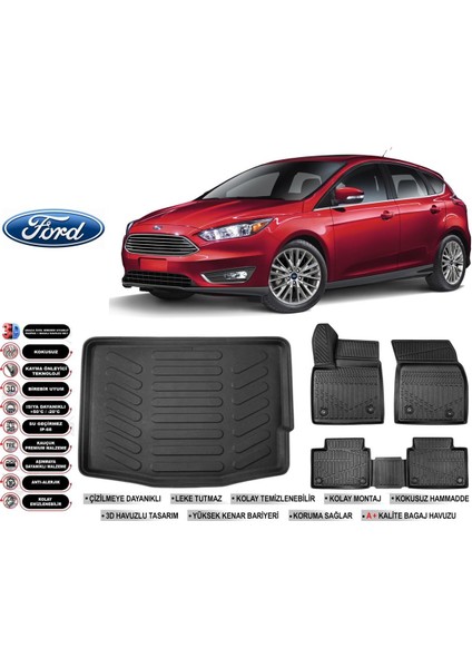 Focus 3,5 Hatchback 2018 Model Bagaj Havuzu Araca Özel Siyah Havuzlu Paspas Takımı Sett