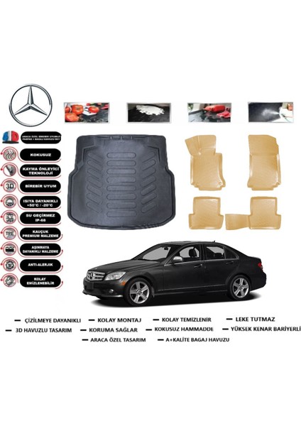 C Serisi W204 2007 Model Plastik Setli Bagaj Havuzu+Araca Özel Bej Paspas Takımı Flex