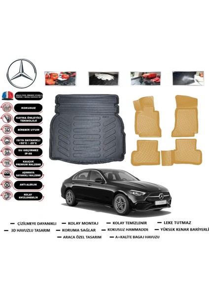 C Serisi W205 2018 Model Rampalı Kulaklı Bagaj Havuzu+Araca Özel Bej Paspas Flex