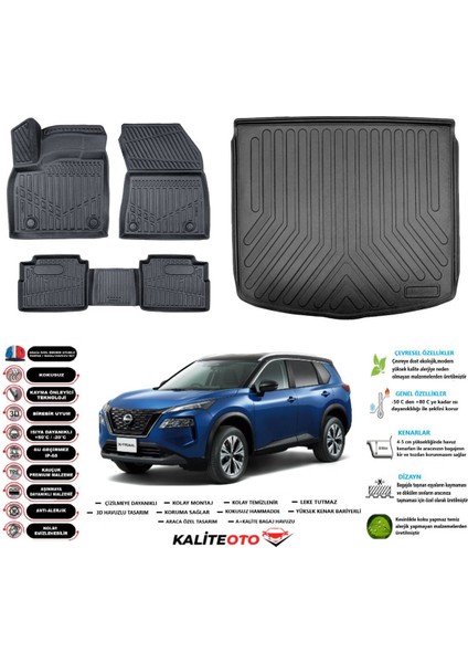 X-Trail E-Power 2022 Model Esnek Bagaj Havuzu Araca Özel Siyah Paspas Takımı