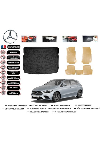 B Serisi W247 2022 Model Alt Bagaj Havuz Paspası+Araca Özel Bej Paspas Takımı Pro