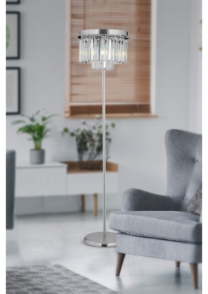 Nilüfer Yuvarlak Krom Kristal Taşlı Modern Tasarım Metal Lambader