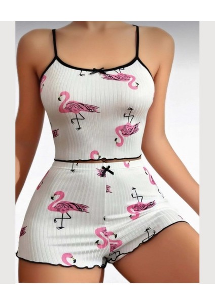 Lily Pembe/beyaz Flamingo Desenli %100 Pamuk Ince Askılı Büstiyer Şort Takım