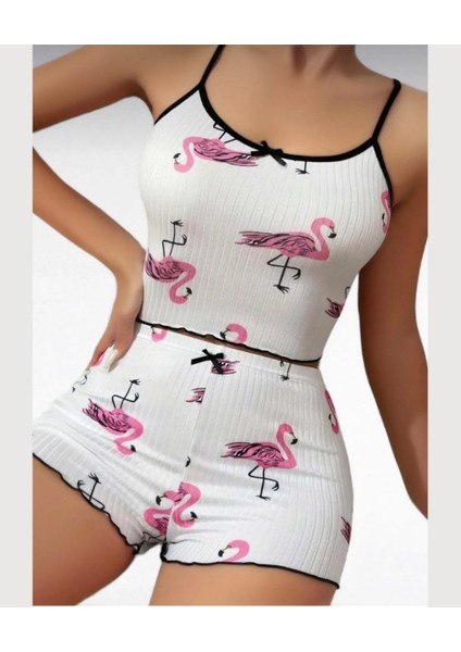 Lily Pembe/beyaz Flamingo Desenli %100 Pamuk Ince Askılı Büstiyer Şort Takım