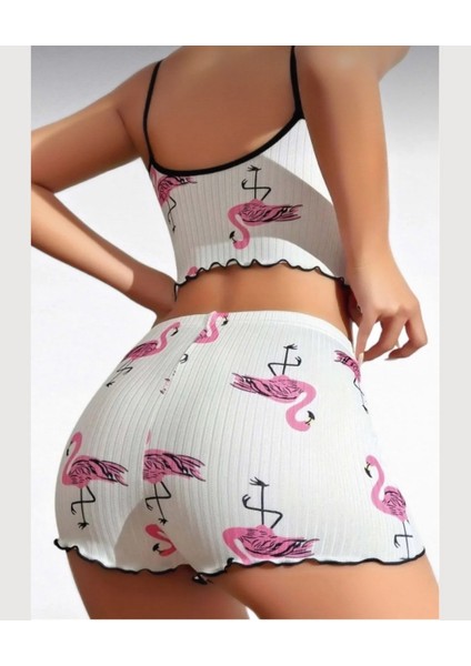 Lily Pembe/beyaz Flamingo Desenli %100 Pamuk Ince Askılı Büstiyer Şort Takım