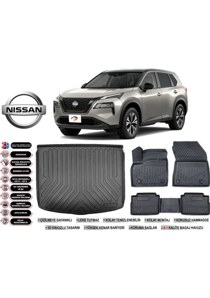 X-Trail E-Power 2024 Model Bagaj Havuzu Araca Özel Siyah Havuzlu Paspas Takımı Sett