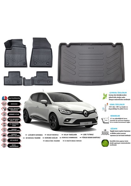 Clio 4 2013 Model Esnek Bagaj Havuzu Araca Özel Siyah Paspas Seti