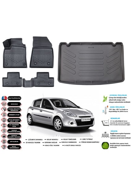 Clio 3 2009 Model Kancalı Esnek Bagaj Havuzu Araca Özel Siyah Paspas Takımı