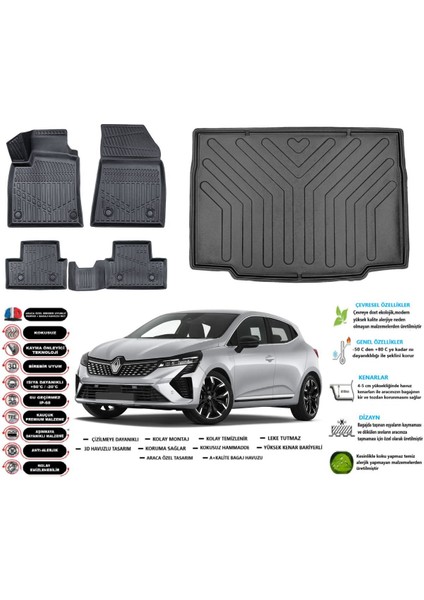Clio 5 2025 Model Esnek Bagaj Havuzu Araca Özel Siyah Kokusuz Paspas Takımı