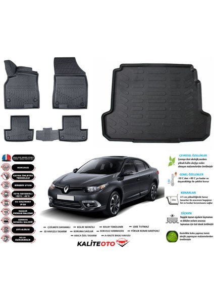 Fluence 2010 Model Esnek Bagaj Havuzu Araca Özel Siyah Paspas Takımı