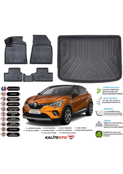 Captur 2023 Model Üst Esnek Bagaj Havuzu Araca Özel Siyah Kokusuz Paspas Takımı