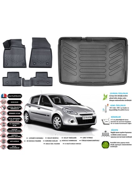 Clio 3 2008 Model Kancasız Esnek Bagaj Havuzu Araca Özel Siyah Paspas Takımı