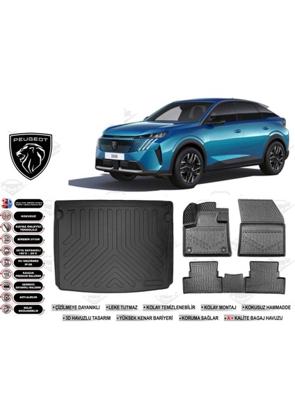 3008 Hybrid 2025 Model Üst Bagaj Havuzu Araca Özel Siyah Havuzlu Paspas Takımı Sett