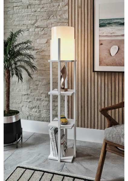 Osso Beyaz Dekoratif Modern Ahşap Mdf 3 Raflı Çerçeveli Lambader