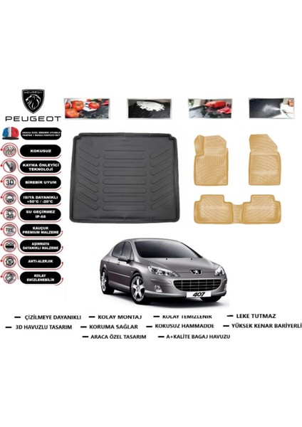 407 Sedan 2009 Model Bagaj Havuzu(Paspası)+Araca Özel Bej Paspas Takımı Flex