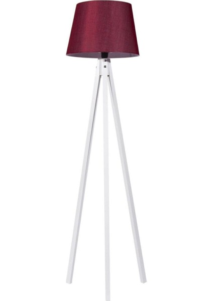 Kumaş Lambader Ahşap 3 Ayaklı Tripod Lamba Abajur Konik Başlık Bordo Beyaz Ayak L327