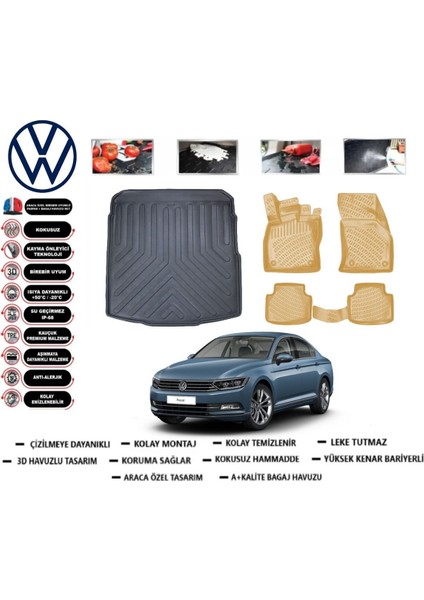 Passat B8 Sedan 2017 Model Bagaj Havuzu+Araca Özel Bej Paspas Takımı Flex
