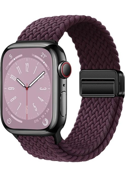 Apple Watch 10 42 mm Uyumlu Örgü Kordon Magnetik D Tokalı Kayış Mıknatıslı Metal Toka