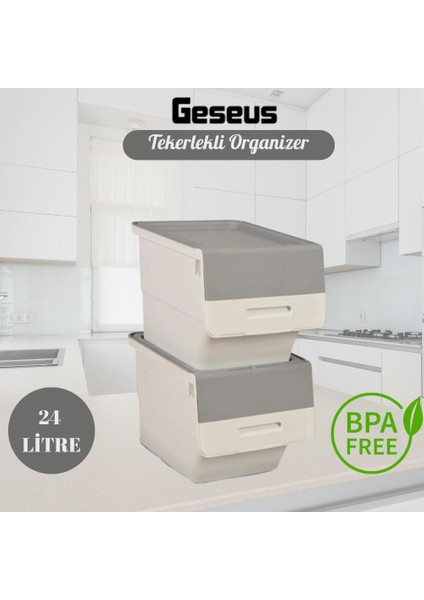 Motek Tekerlekli Patateslik Soğanlık Oyuncak Kutusu Patateslik Soğanlık Sepeti 2X12LT Beyaz+Gri