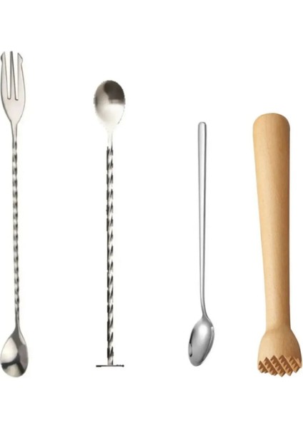 Kokteyl Seti 4lü Çatallı Bar Kaşığı Tokmaklı Kaşık ve Düz Bar Kaşığı Ahşap Mojito Tokmağı Tokmak