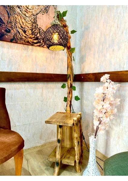 Ağaç Lambader 140-150 cm Kitaplık Raflı Serisi Siyah Özel Aydınlatma Doğal Ağaç Ahşap Lambader