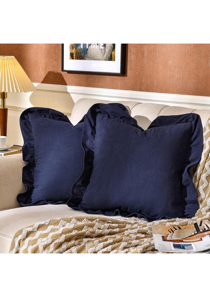Fırfırlı 2'li Paket Lacivert Kırlent Kılıfı Kadifemsi, Leke Tutmaz, Boho Veya Çiftlik Evi, Etnik, Retro ve Şık Stil 8 Renk